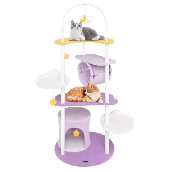 White and Purple Engineered Wood Cat Tree with Tunnel, Hammock and Toys {4}