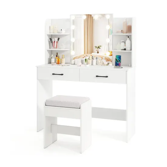 Vanity Set with Lighted Mirror and Stool for Easy Storage and Charging White {3}