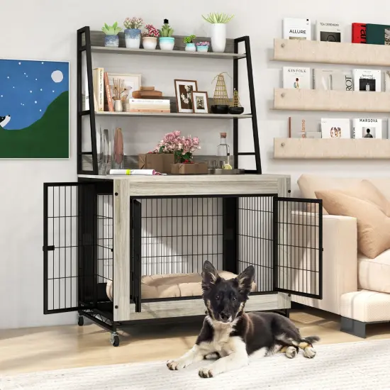 MDF Metal Dog Crate with Storage Shelves and Wheels and Flip-Top Gray {3}