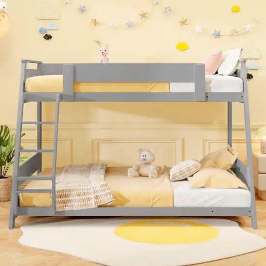 Solid Wood Twin Over Full Low Bunk Bed, Convertible, Sturdy and Safe Design Gray {5}