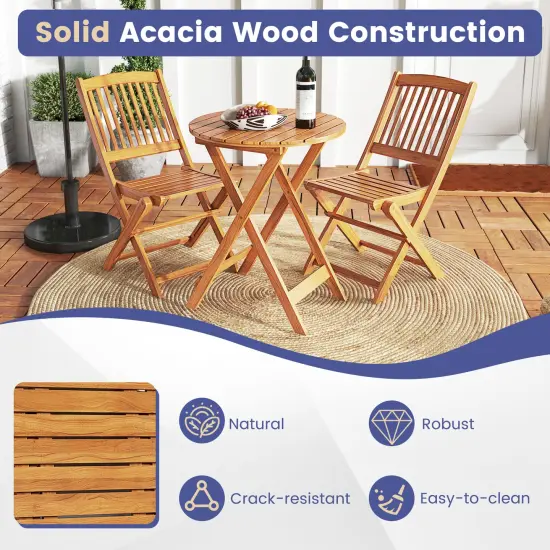 3 Pieces Acacia Wood Patio Folding Bistro Set with Soft Cushions and Slatted Backrest Navy {6}