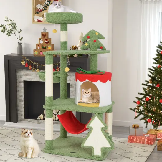 Green and Red Christmas Cat Tree with Condo, Scratcher and Hammock {3}