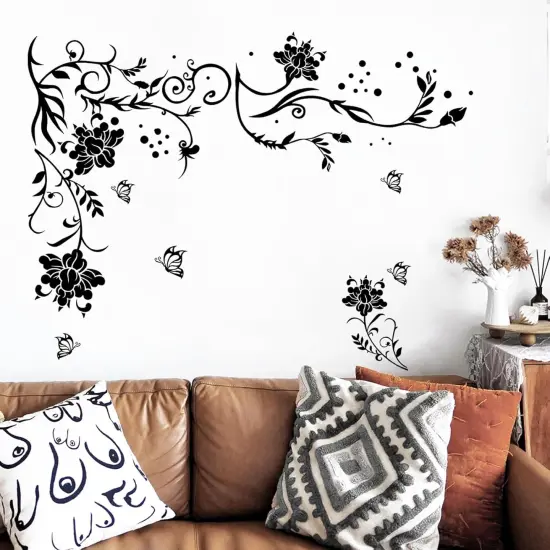 Supzone Flowers & Butterflies Wall Decals - DIY Black & Floral Wall Stickers for Bedrooms & Living Rooms {2}