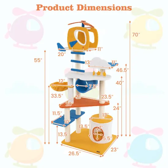 70 Inch Tall Aviation-Themed Cat Tree Tower with Helicopter Top Perch Ideal for Indoor Cats {5}