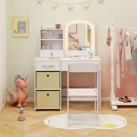 White MDF Kids Vanity Set with LED Mirror, Storage Drawers and Child-Safe Features {6}