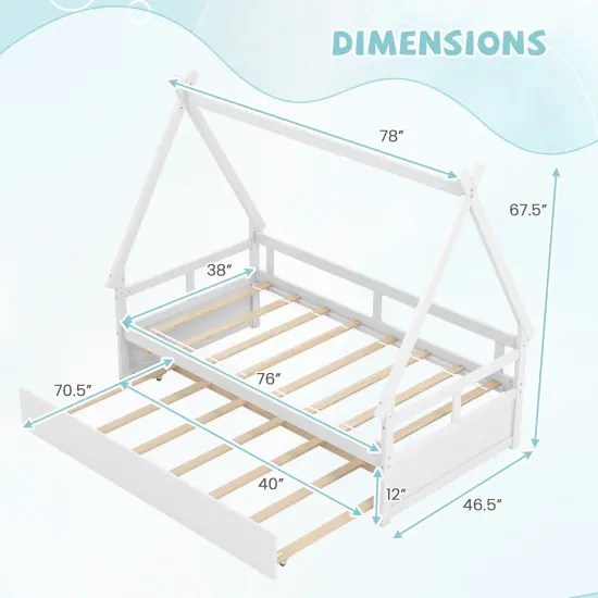 Twin Size House Frame Bed with Trundle, Wooden Construction and Creative Design White {4}