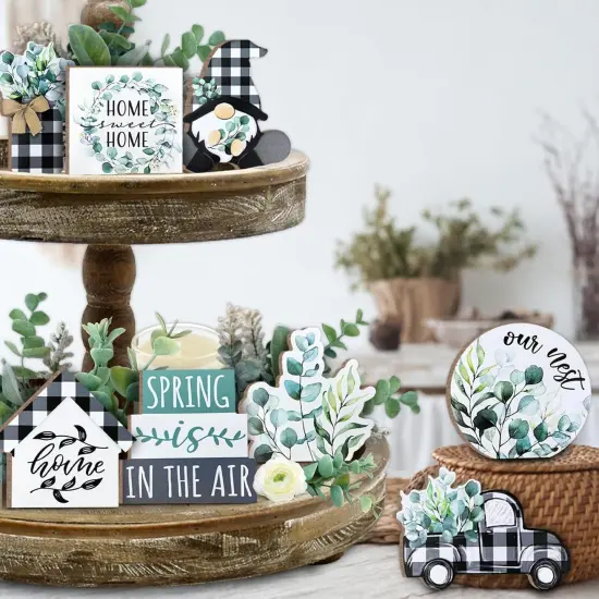 Spring Tiered Tray Decor, Farmhouse Eucalyptus Leaves Tray Decorations, Spring Gnome Wreath Buffalo Plaid Mason Jar Truck Wooden Signs, Rustic Spring Decor for Home Table Shelf Mantel Party {5}