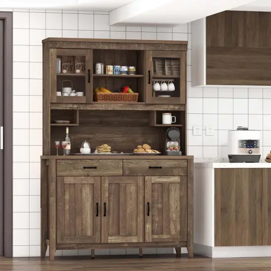 Costway Kitchen Pantry Cabinet with Microwave Countertop Double Glass Doors 2 Drawers {5}