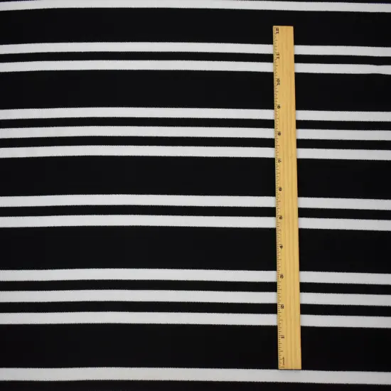 Black-White Poly Cotton Stripe Print Stretch Crepe Double Knit Fabric By the Yard {5}