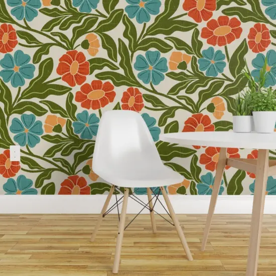 Pre-Pasted Wallpaper 2FT Wide Retro Bohemian Botanical Trailing Vine Muted Green Blue Orange Flowers Custom Pre-pasted Wallpaper by Spoonflower {1}