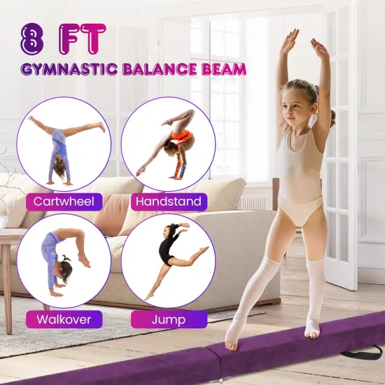 8 Feet Portable Folding Gymnastic Balance Beam with Solid Wood Base Ideal for Walkover or Cartwheel Purple {6}