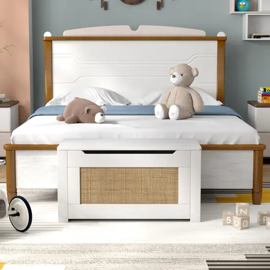 White-Natural MDF Rattan Toy Box with Flip Lid, Storage, and Bench Seat {5}