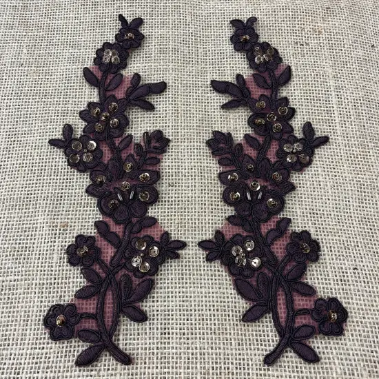 1 Pair Beaded & Corded Floral Lace Applique 10" x 2" Each Side Chocolate {1}