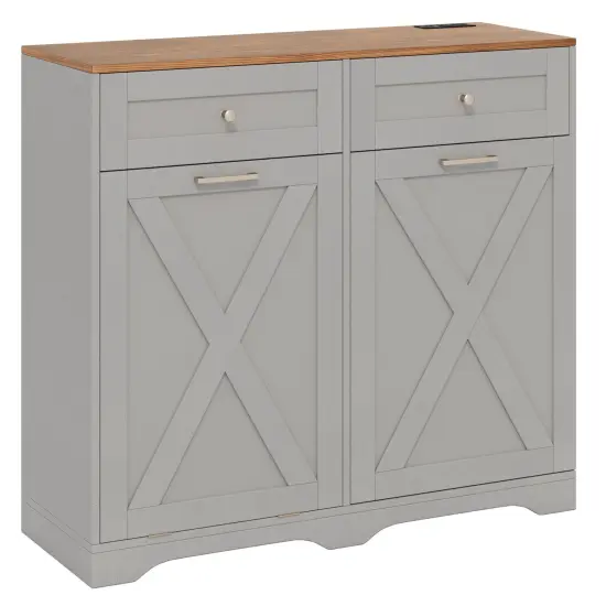 Tilt Out Wooden Trash Can Cabinet with 3 Position Adjustable Shelf and Power Outlets Gray {2}