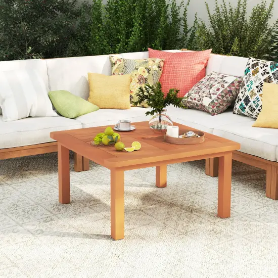Natural Wood Patio Coffee Table with Umbrella Hole and Teak Oil Finish {3}