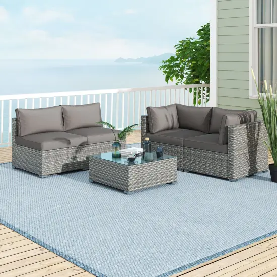 5-Piece Outdoor Patio Furniture Set Including Coffee Table and 4 Rattan Chairs with Cushions Gray {6}