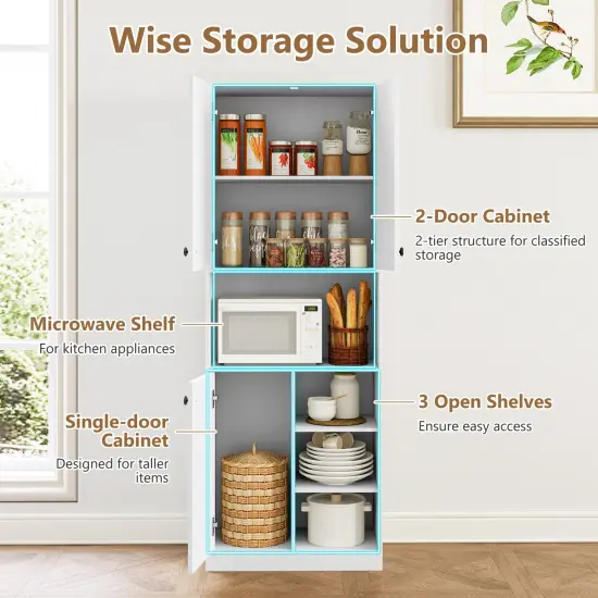 Kitchen Pantry Storage Cabinet with Microwave Stand and Open Shelves-White {6}