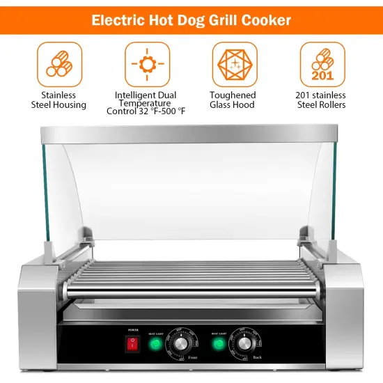 Silver Stainless Steel 11-Roller Hot Dog Grill with Glass Cover {6}