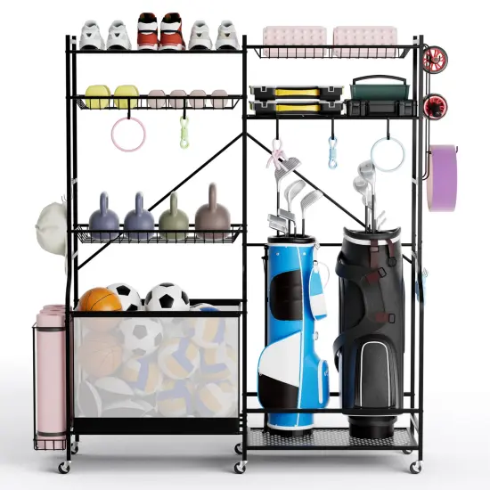 Black Sports Equipment Organizer with 5 Adjustable Storage Shelves and 5 Lockable Whhels {4}