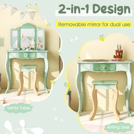 MDF Kids Vanity Set with Mirror, Drawer, Stool, Accessories and Convertible Design Green {4}