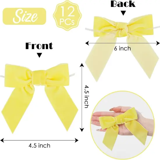 Yellow Velvet Bows 4.5" Yellow Velvet Easter Bows Premade Bows Yellow Twist Tie Bows for Wreaths, Gift Basket, Spring Holiday Decor, Gift Wrapping, Swag, Baby Shower Decoration - 12 PCs {2}