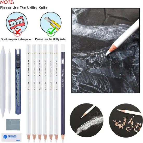 White Charcoal Pencils Set - 12 Piece White Colored Pencils for Drawing, Sketching, Shading, Blending, White Chalk Pencils for Kid, Beginners & Pro Artists {2}
