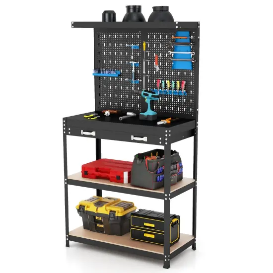Freestanding Tool Storage Workbench with Pegboard with 14 Hanging Accessories and 2 Drawers Black and Blue {4}