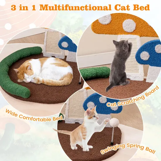 Brown Engineered Wood Mushroom Cat Bed with Scratch Board and Toy {6}