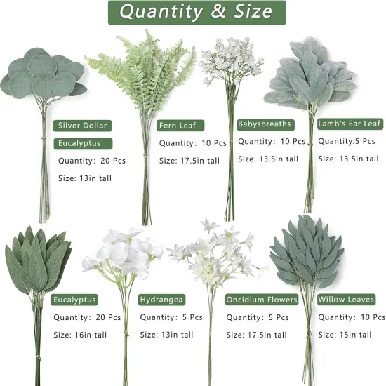 Artificial Greenery Stems Box Set(Pack of 85pcs) with 8 Kinds of Faux Plants and Fake Flowers {2}