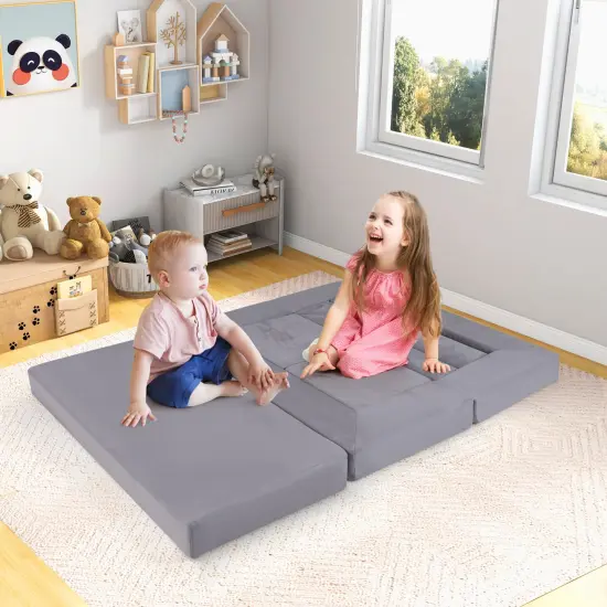 Suede Fabric Convertible Kids Play Couch Set with Foam Blocks and Cushions Gray {3}
