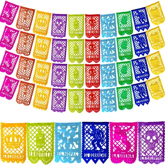 Mexican Party Banner Set (50-ft, PAPER) - Papel Picado with Mexican Bingo Card Designs - Party Decorations for Cinco de Mayo, Birthday Party Decor (4 strands x 12.5ft) - TexMex Fun Stuff {1}