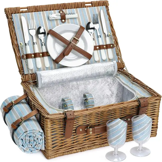 Picnic Basket Set for 2 Persons, Willow Hamper with Large Insulated Cooler Compartment, Waterproof Blanket and Cutlery Service Kit-Classical Brown {1}