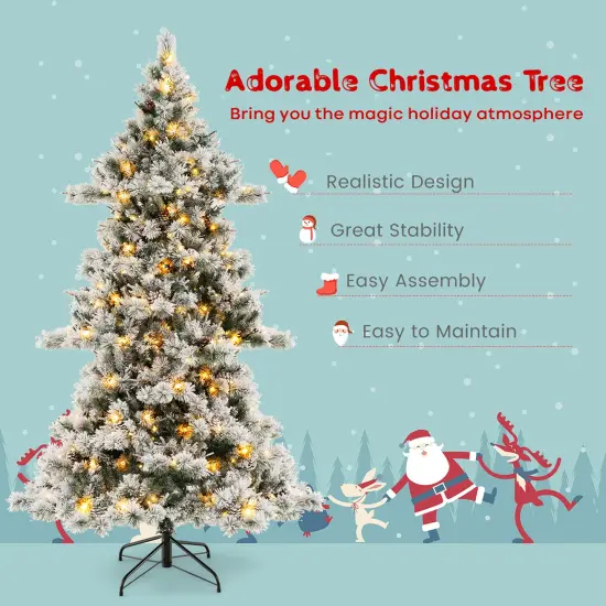 Costway 7 FT Flocked Christmas Tree Hinged Xmas Decoration with 420 LED Lights & 1057 Tips {5}