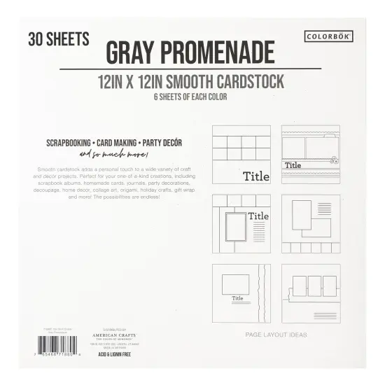 Colorbok 78lb Smooth Cardstock 12"X12" 30/Pkg-Gray Promenade, 5 Colors/6 Each {3}