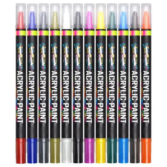 Acrylic Paint Markers Dual Tip (12 Pack) - Acrylic Markers Paint Pens for Rocks - Bold Acrylic Paint Pens Fine Tip and Dot Tip - Fabric Makers Permanent for Clothes Water Based Markers - Chalky Crown {1}
