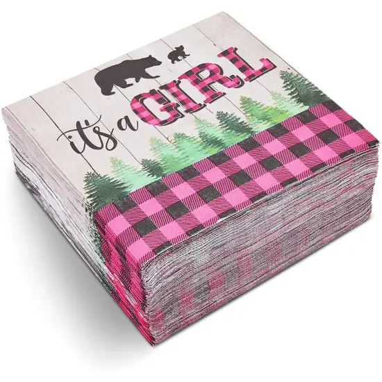 Buffalo Plaid Napkins, It's A Girl Baby Shower (6.5 Inches Folded, 100 Pack) {1}
