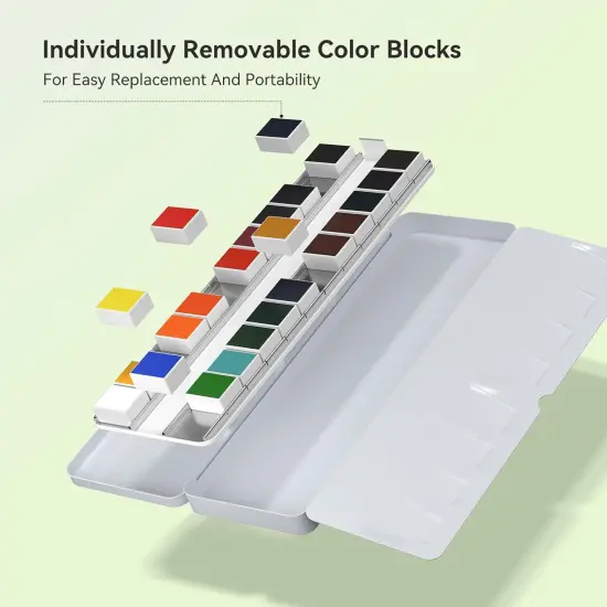24 Colors Solid Watercolor Paint Set, Vibrant and Highly Pigmented Colors, Removable Pans and Built-in Palette, Portable Metal Case for Students, Beginners, and Outdoor Sketching {2}