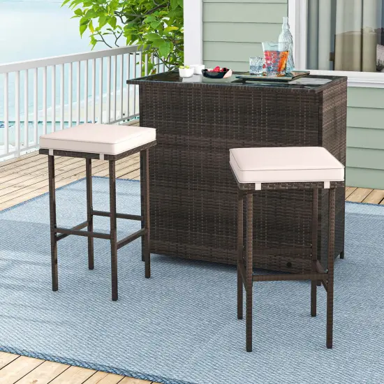 Costway 3 PCS Patio Bar Set with Tempered Glass Tabletop 2-Tier Storage Removable Cushions {5}