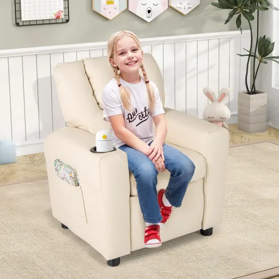 Sponge PU Wood PP Kids Recliner Chair with Adjustable Backrest, Footrest and Firm Cushion Beige {2}