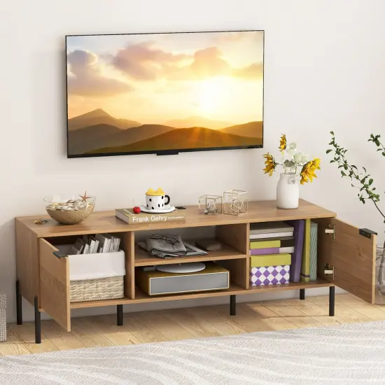 Natural Wood TV Stand with Charging Station, Storage, Metal Legs and Cable Management {3}