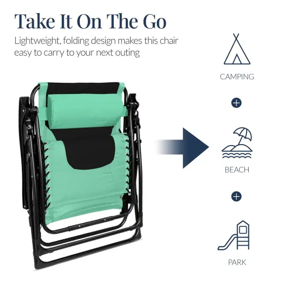 Best Choice Products Oversized Padded Zero Gravity Chair, Folding Outdoor Patio Recliner w/ Side Tray Seafoam Green/Black {5}