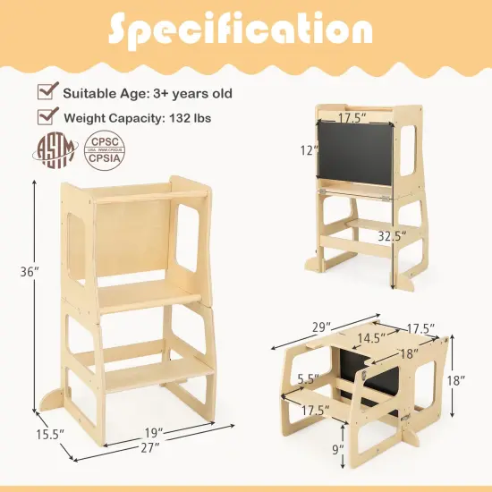 Natural Wood 3-in-1 Kids Step Stool, Chalkboard and Table Set with Safety Features {5}