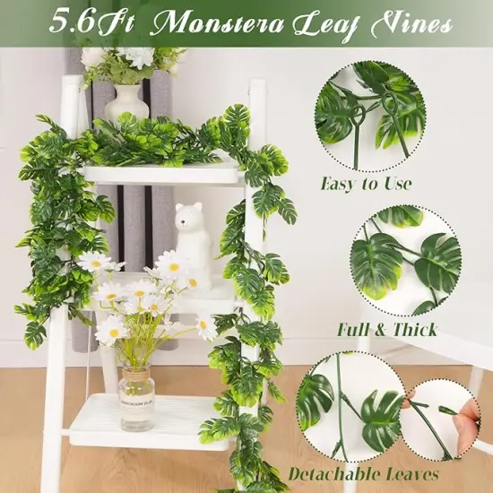 4Pcs Artificial Monstera Leaf Vines, 5.6Ft Fake Hanging Greenery Plants Tropical Palm Leaves Ivy Vine Monstera Garland for Home Garden Porch Patio Hawaiian Party Indoor Outdoor D&eacute;cor {5}