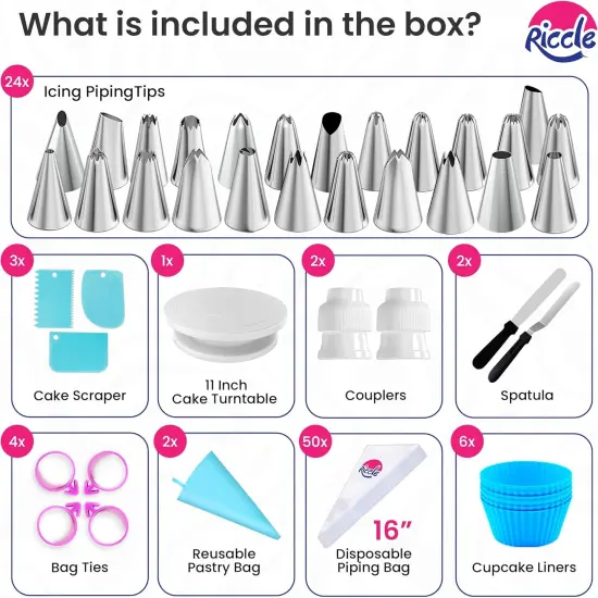 94 pcs Cake Decorating Kit with Cake Turntable - Includes 50pcs 16 Inch Disposable + 2 Reusable Piping Bags and Tips Set, 24 Icing Piping Tips, 2 Spatulas, 3 Icing Comb Scraper, 6 Cake Liners {5}