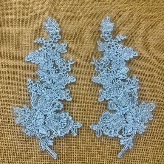 1 Pair Beaded & Corded Floral Lace Applique 100% Polyester Net Mesh 12" X 3.5" Each Side Lt. Blue Color {1}
