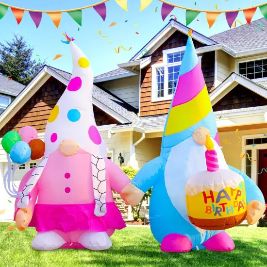 [New] 5FT Birthday Inflatable Gnomes Cake Outdoor Decoration,Build-in LED Lights, for Happy Birthday Party Outdoor,Indoor,Garden Yard Lawn Decor {3}