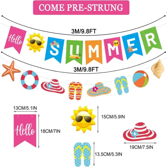 Hello Summer Banner and Beach Patterns Banner Colorful Summer Bunting Banner with Sun Signs Summer Beach Pool Party Banner for Wall Mantle Fireplace Party Hanging Decorations {2}