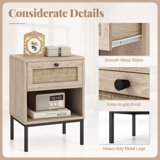 Rattan Nightstand Boho End Table with Rattan Drawer and Open Shelf Set of 2-Oak {6}