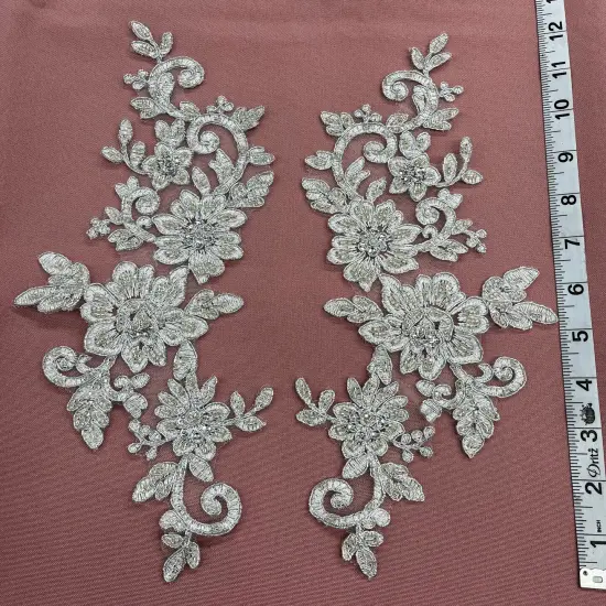 1 Pair Beaded & Corded Floral Lace Applique 100% Polyester Net Mesh 12.5" x 5" Each Side Silver Metallic {1}