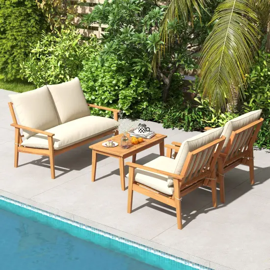 4 Pieces Wooden Outdoor Conversation Set with Soft Cushions and Rectangular Coffee Table {6}